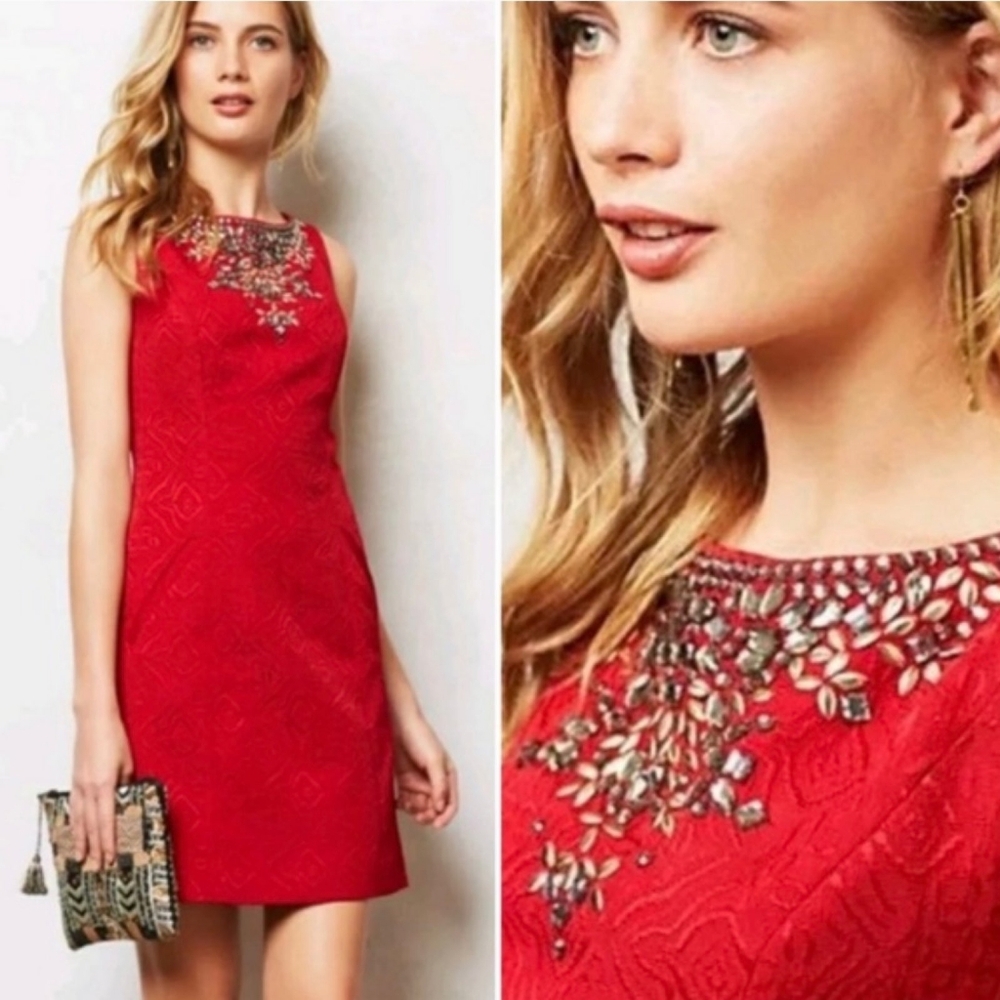Anthropologie Moulinette Soeurs Toulouse red jacquard cocktail dress 10P
